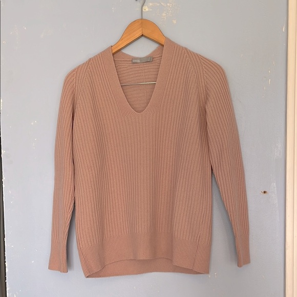 Vince V Neck Ribbed Soft Raglan Wool Cashmere Blend Creamy Pale Pink Sweater - Picture 2 of 8